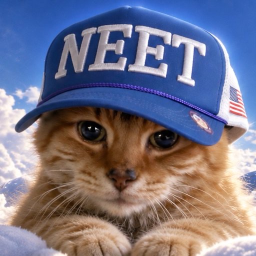 NEETCAT wearing a blue NEET cap, relaxing in the clouds